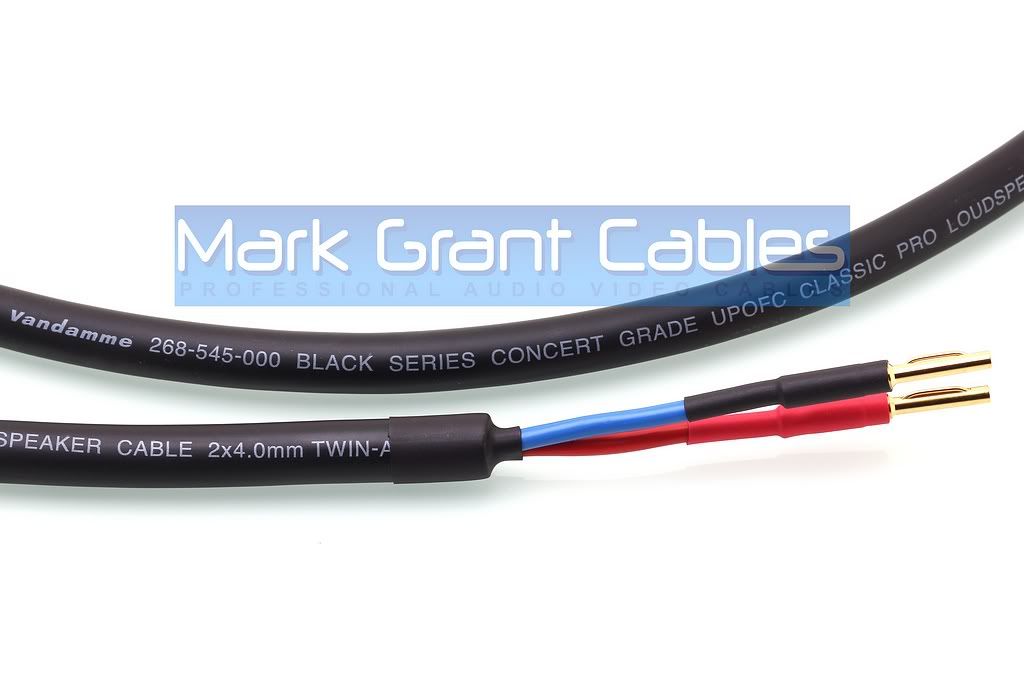 Van Damme 2 x 4mm black speaker cable fitted with crimped banana connectors