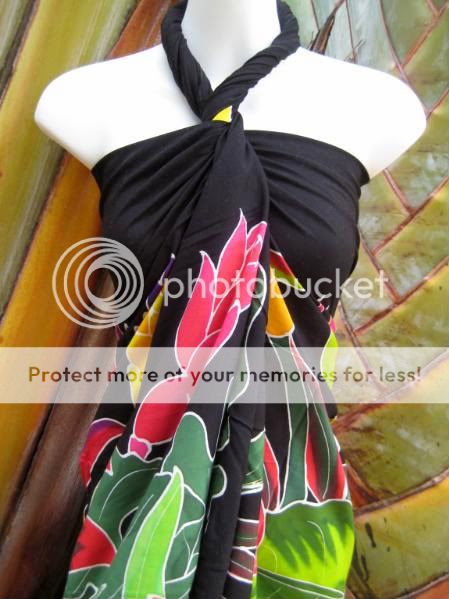 Sarong Handpainted Black Hawaiian Flowers Wrap Dress  