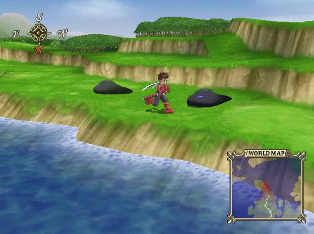 Overworld of Tales of Symphonia with abstract monsters surrounding the player avatar. A compass with North facing down is in the top left corner and a small map with the words "World Map" is in the bottom right corner